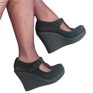 🍓VINTAGE Y2K BLACK SUEDE PLATFORM CHUNKY HEELS WITH BUCKLE🍓